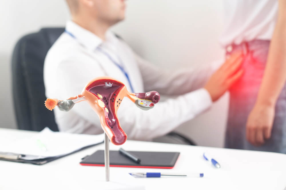 A doctor completing a pelvic exam on a woman with a uterus model in the foreground